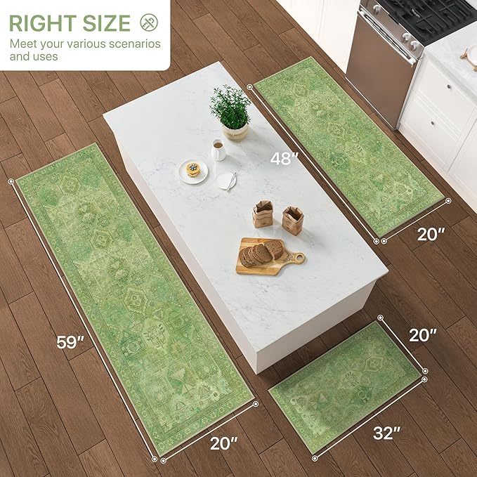 GENIMO Kitchen Mats for Floor Set of 3 Non-Slip Washable, Waterproof Lightweight Kitchen Rugs, Kitchen Floor Mat Runner Rug Carpet for Laundry, Sink, Hallway, Bathroom, Entryway, Spring Green