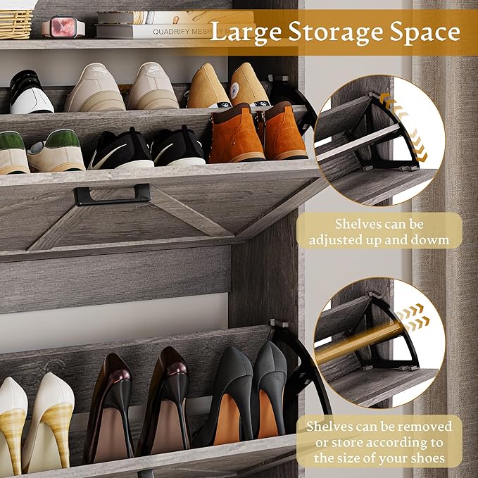 Shoe Cabinet with 2 Flip Drawers, 45" Freestanding Narrow Wood Shoe Storage Cabinet with Metal Legs and Hooks, Slim Shoe Rack Organizer for Entryway, Hallway, Grey