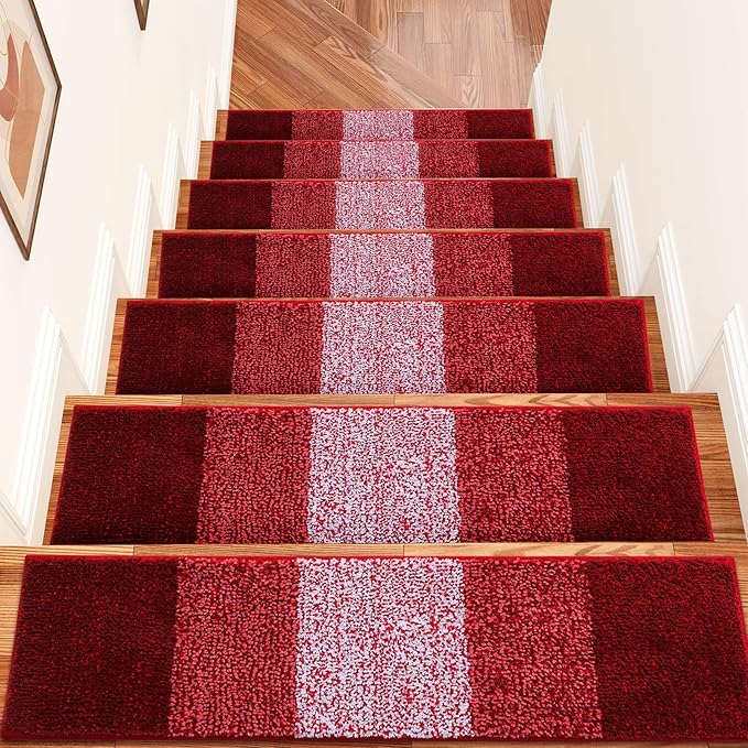 OLANLY Stair Treads Non Slip 15PCS, 8" x 30" Indoor Stair Runners for Wooden Steps, Edging Stair Rugs with Reusable Peel and Stick Adhesive for Kids Elders and Pets, Burgundy