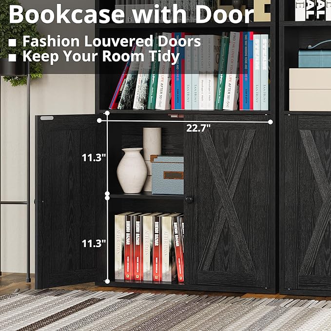 IRONCK Industrial Bookshelves and Bookcases with Doors Set of 2 Floor Standing 6 Shelf Display Storage Shelves 70 in Tall Bookcase for Home Office, Living Room