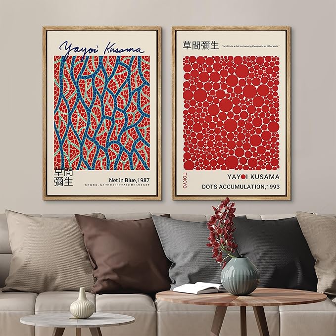 MUDECOR Framed Canvas Print Wall Art Blue Red Dots by Yayoi Kusama Japanese Nature Illustration Modern Art Decorative Multicolor Geometric Minimal for Bedroom - 16"x24"x2 Natural