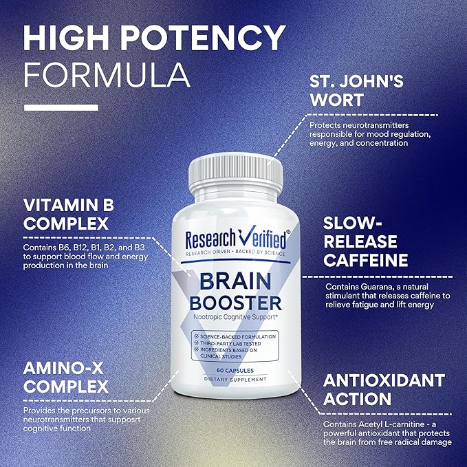 Research Verified Brain Booster - Brain Supplement for Memory and Focus, Nootropic Supplement for Cognitive Support - 180 Vegan Capsules - 3 Bottles