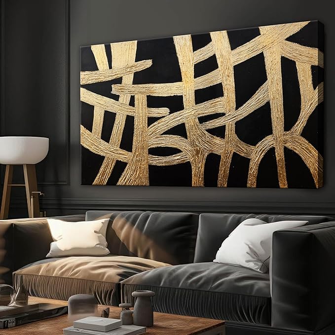 Abstract Wall Art Paintings Wall Decor Large Canvas Wall Art Decor Black And Gold Lines Texture Wall Art Decor Artwork Modern Minimalist Wall Art For Living Room Bedroom Office Wall Decor 29"X58"