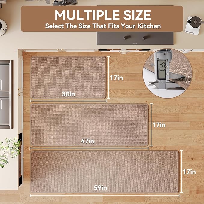 Kitchen Mat Kitchen Rugs Sets of 2 PCS Non Slip Washable, Linen-Like 0.3" Thick Cushioned Absorbent Kitchen Mats for Floor, Mild Anti-Fatigue Sink Laundry Standing Mat, Brown 17"x30"+17"x47"