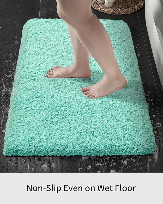 Bathroom Rug 20x32 Non Slip Fluffy Spa Blue Bath Mat for Bathroom Floor Washable Plush Luxury Bath Rug for Tub Soft Shaggy Absorbent Shower Sink Mat