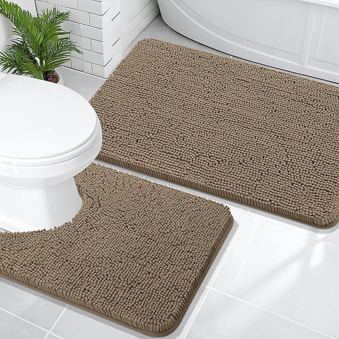 OLANLY Bathroom Rugs Sets 2 Piece, Soft Absorbent Chenille Bath Mats and U-Shaped Contour Toilet Mat Area Rug Set, Machine Washable Bath Carpet, Home Decor Accessories(36"x24"+24"x20", Tan)