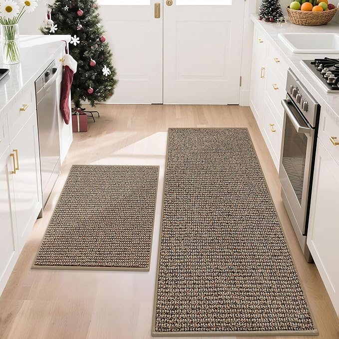 BEQHAUSE Kitchen Rugs and Mats 2PCS, Non-Slip Kitchen Mats for Floor, Absorbent and Stain Resistant Kitchen Runner, Machine Washable Rugs for Kitchen, Laundry & Sink, 20"x32"+20"x48", Taupe