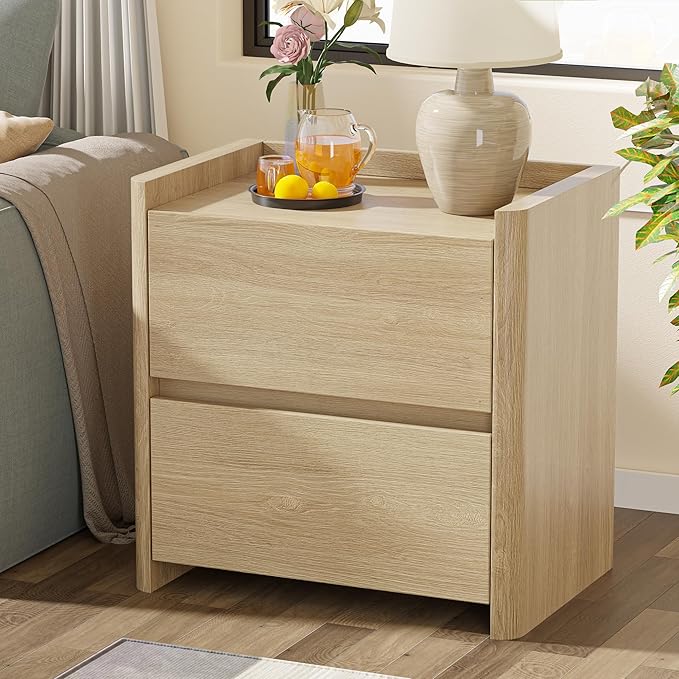 Nightstand with 2 Storage Drawer, Modern End Table for Bedroom with Cut-Out Handle, Large Night Stands for Bedroom, Home Office, Set of 1, Oak