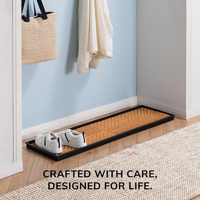 Anji Mountain Heavy Duty Waterproof Rubber Shoe Storage Mat Organizer/Boot Storage Tray Multi Use for Entryway with Coir, Tan and Khaki Insert, Fits 4 Pair (46.5" Wide)
