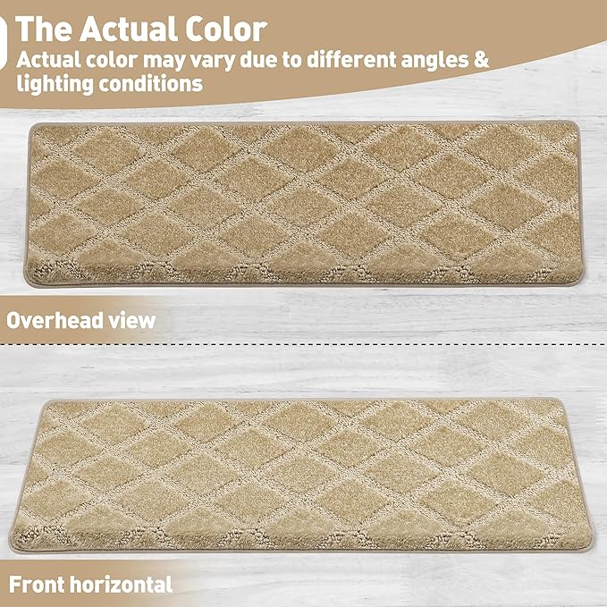 PURE ERA Bullnose Carpet Stair Treads Set Tape Free Non-Slip Indoor Stair Protectors Pet Friendly Rugs 9.5" x 30"(2 Pieces,Khaki Diamond Trellis)
