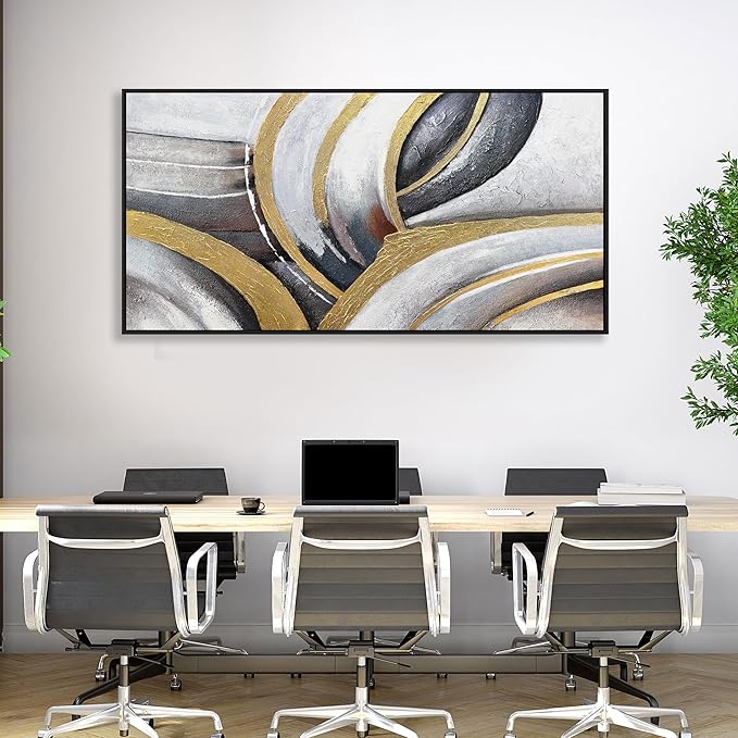 Abstract Wall Art Gold and White Framed Canvas Painting Artwork Modern Home Canvas Wall Decor Suitable for Living Room Bedroom Restaurant Office 29"X58"