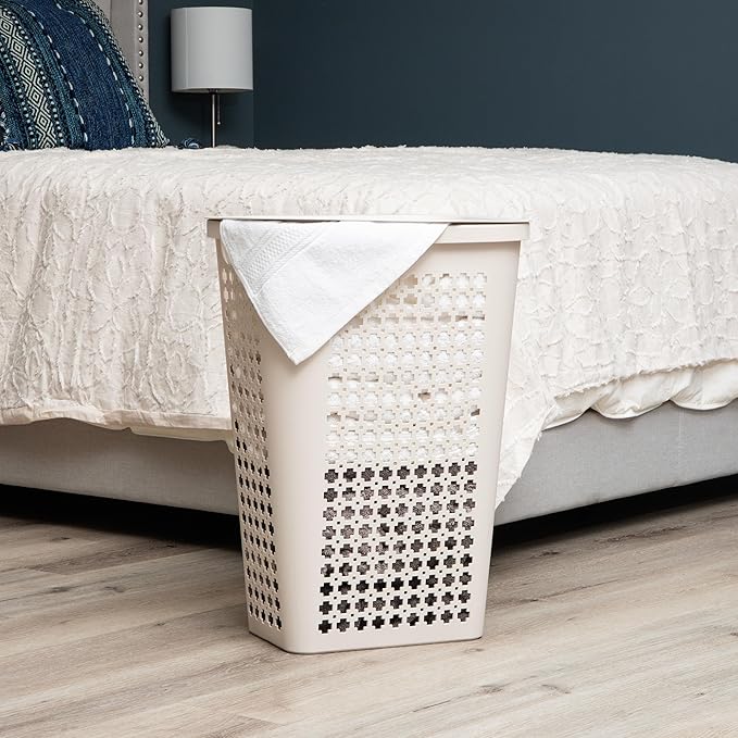 Mind Reader Slim Tapered Laundry Hamper with Lid, Clothes Basket with Swiss Cross Cut-Outs, Lightweight & Ventilated, Plastic, 16.75"L x 12.75"W x 23"H, Ivory