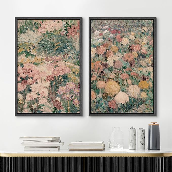 MUDECOR Framed Canvas Print Wall Art Impressionist Floral Garden Vintage Botanical Illustrations Modern Art Decorative Bohemian Colorful Chic for Living Room, Bedroom, Office - 16"x24"x2 Black