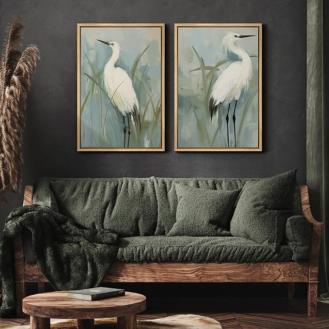 MUDECOR Framed Canvas Print Wall ArtWhite Heron Pair in Marsh Coastal Illustrations Modern Art Decorative Bohemian Colorful for Living Room, Bedroom, Office - 24"x36"x2 Natural