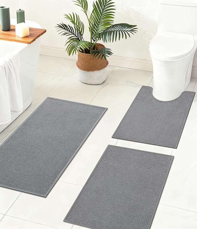 YIHOUSE Bathroom Rugs Mats Sets 3 Pieces Gray, Ultra Thin Bath Mat Absorbent Non Slip Bath Rugs for Bathroom Washable, Shower, Sink, Laundry (Gray, 3 Pieces)