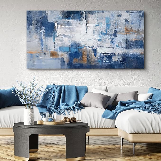 KLAKLA Navy Blue Wall Art - Modern Abstract Canvas Blue and White Picture Artwork for Living Room Wall Decor Bedroom Office Home Decoration