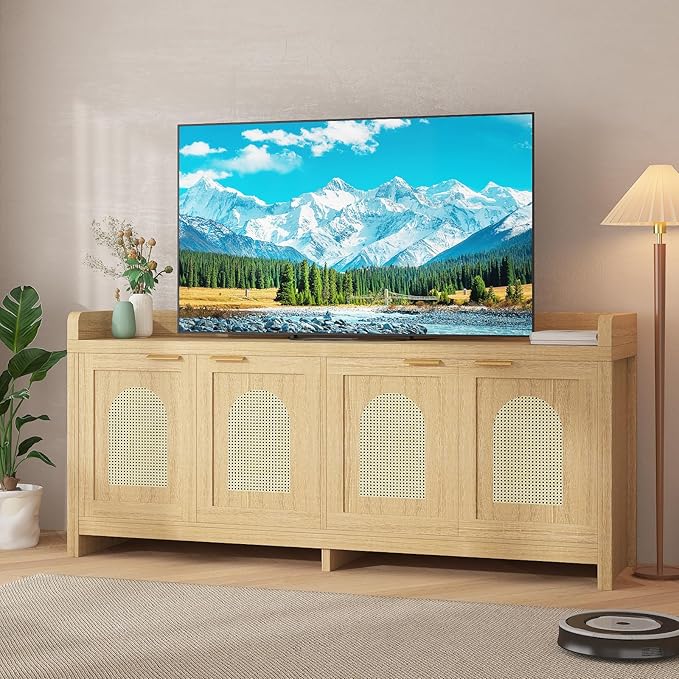 GarveeHome TV Stand for 65 Inch TV, Wood Entertainment Center with Glass Door Storage Cabinet, Entertainment Center Console Table for TV for Living Room, Natural
