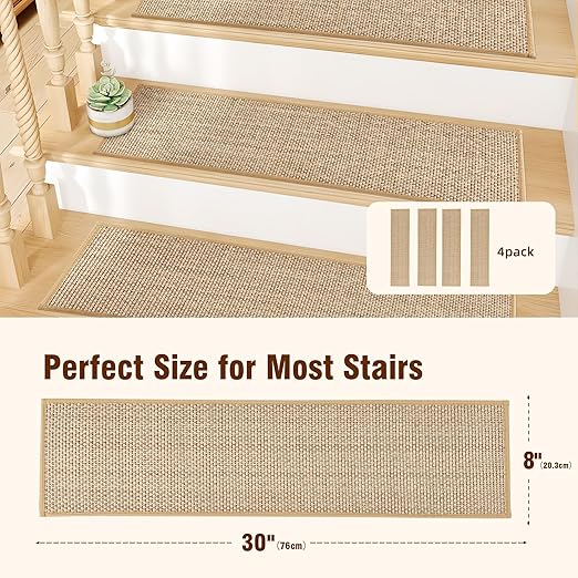 Chenille Stair Treads Non Slip 4pcs Absorbent Stair Runner for Wooden Steps Rubber Backing Stairs Carpet Treads Indoor Staircase Covers Mat with Rubber Backing for Pets Kids 8"X30" Beige