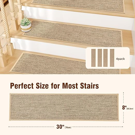 Deerly Linen Stair Treads Non Slip 4pcs Absorbent Stair Runner for Wooden Steps Peel and Stick Stairs Carpet Treads Indoor Staircase Covers Mat with Self-Adhesive Backing for Pets Kids 8"X30" Beige