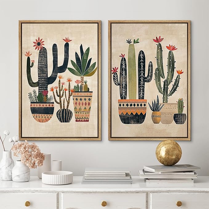 MUDECOR Framed Canvas Print Wall Art Set Mexican Cactus Tropical Botanical llustrations Modern Art Decorative Bohemian Calm/Zen for Living Room, Bedroom, Office - 16"x24"x2 Natural