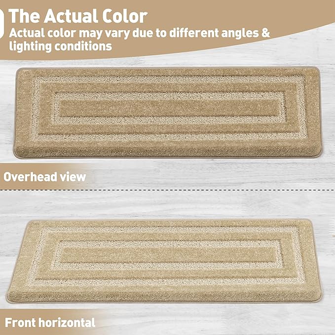 PURE ERA Bullnose Carpet Stair Treads Set Tape Free Non-Slip Indoor Stair Protectors Pet Friendly Rugs 9.5" x 30"(14 Pieces,Khaki Rectangular)