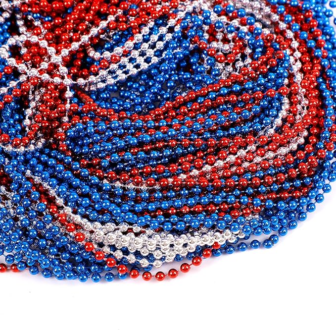 Moon Boat 4th of July Accessories Necklaces: Blue White and Red Beads Bulk, Patriotic Party Independence Memorial Day Favors Toys Decorations, 120 Pieces