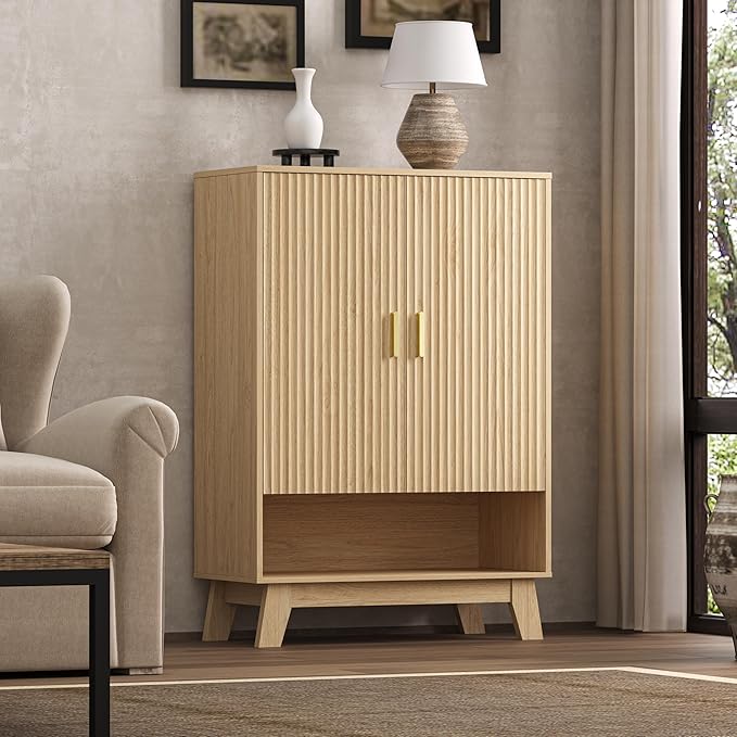 4-Tier Fluted Shoe Cabinet with 2 Doors & Open Shelf, Mid Century Modern Shoe Storage Organizer with Adjustable Shelves, Metal Handles & Wood Legs, Hidden Shoe Rack for Entryway, Hallway