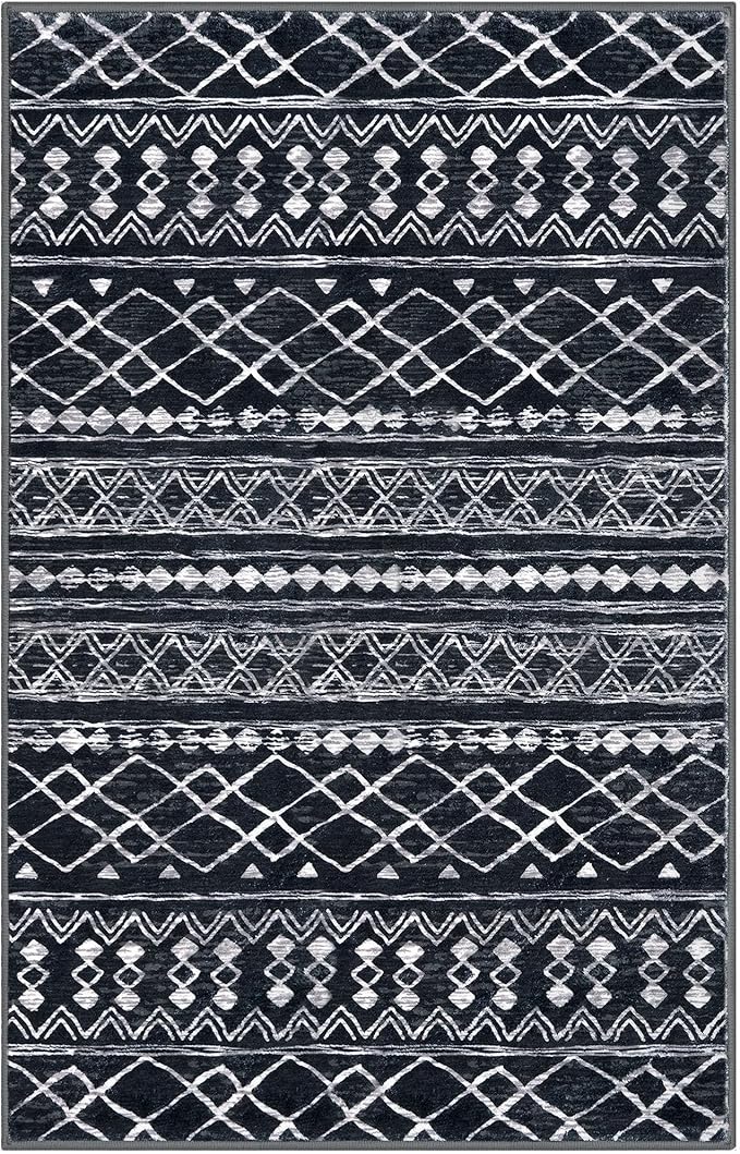 KUTA Bedroom Boho Rug 4x6 Black, Moroccan Washable Area Rugs Non Slip, Ultra Soft Print Distressed Geometric Low-Pile Entry Throw Carpet for Bedroom Nursery Dorm Kitchen Decor