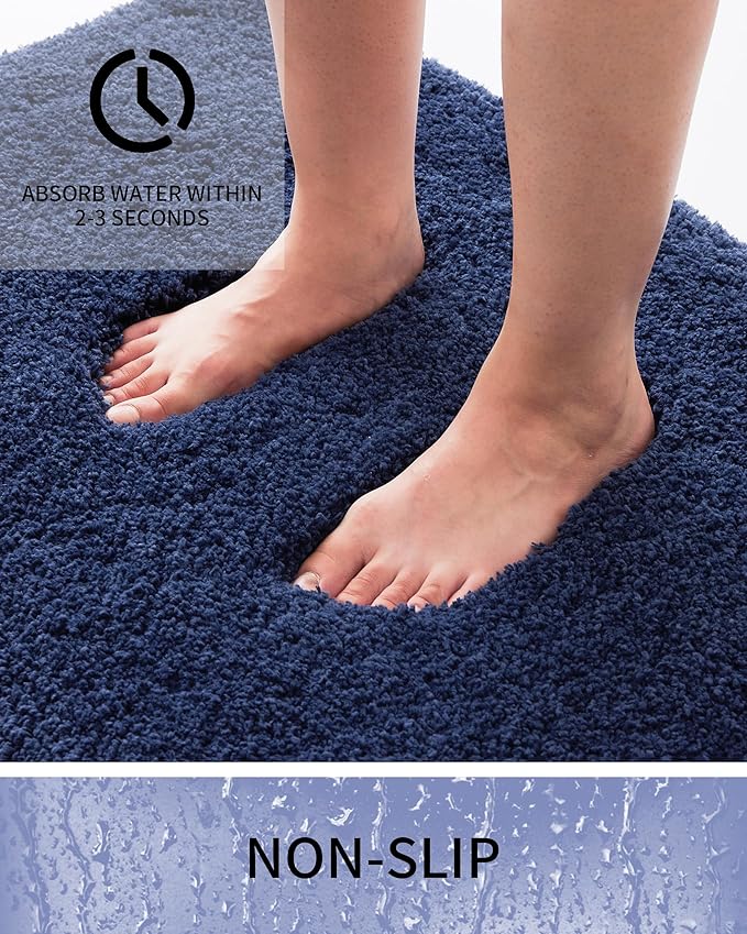 Bathroom Rugs 48x24, Ultra Thick Shaggy Soft Microfiber Absorbent Bath Rug, High Density Foam Latex Non Slip Backing, Machine Washable Bath Mats for Bathroom Floor & Sink, Navy Blue