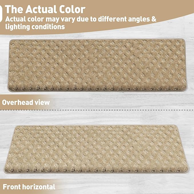 PURE ERA Bullnose Carpet Stair Treads Set Tape Free Non-Slip Indoor Stair Protectors Pet Friendly Rugs 9.5" x 30"(2 Pieces,Khaki Mini-Diamond Trellis)