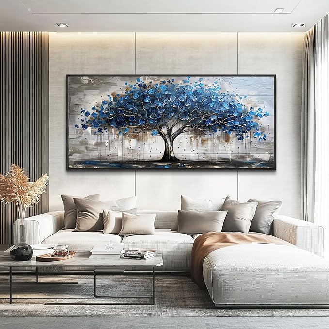 Lapremoly Framed Wall Art For Living Room Tree of Life Canvas Prints Extra Large Wall Decorations Blue Artwork For Walls Forest Pictures Abstract Paintings for Bedroom Office Modern Home Decor 32X72