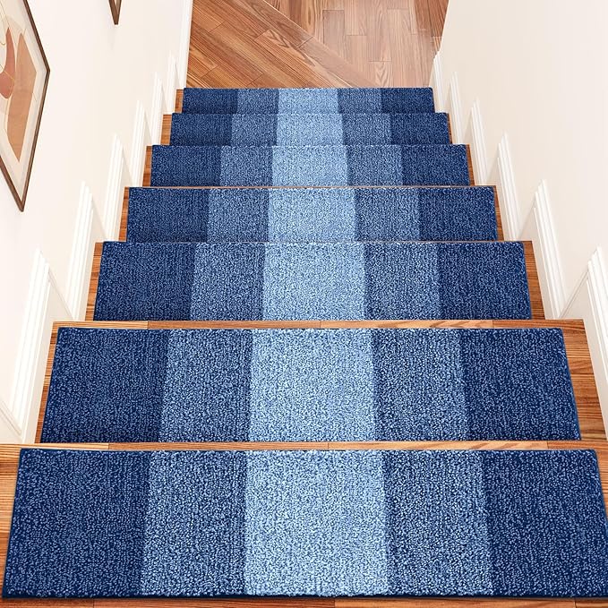 OLANLY Stair Treads Non Slip 15PCS, 8" x 30" Indoor Stair Runners for Wooden Steps, Edging Stair Rugs with Reusable Peel and Stick Adhesive for Kids Elders and Pets, Navy
