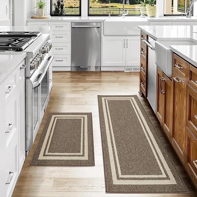 COSY HOMEER Kitchen Rugs Non-Slip 20x30/20x48 Inch Thick Polypropylene Standing Mat for Home Machine Washable, Brown Frame
