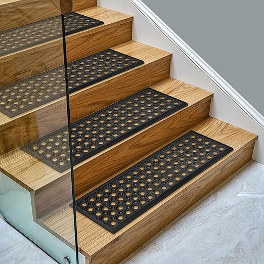 Ottomanson All-Weather Rubber Stair Treads – Non-Slip Step Mats for Wooden, Concrete, or Outdoor Stairs, Easy Maintenance, Tool-Free Placement, Pack of 5, 10" x 30", Black Circles