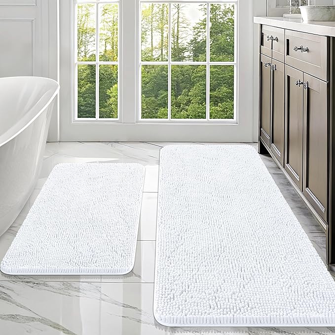 OLANLY Bathroom Rugs Sets 2 Piece, Soft Absorbent Chenille Bath Mats Area Rug Set, Non-Slip, Quick Dry, Machine Washable Bath Mats for Bathroom, Home Decor Accessories (47"x20"+30"x20", White)