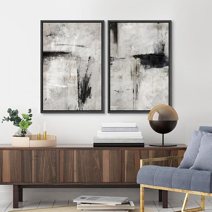 MUDECOR Framed Canvas Print Wall Art Grey Black Abstract Shape Illustrations Modern Art Decorative Bohemian Colorful Chic for Living Room, Bedroom, Office - 24"x36"x2 Black