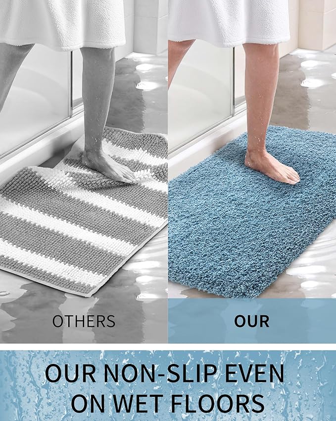 Bathroom Rugs 48x24, Ultra Thick Shaggy Soft Microfiber Absorbent Bath Rug, High Density Foam Latex Non Slip Backing, Machine Washable Bath Mats for Bathroom Floor & Sink, Blue