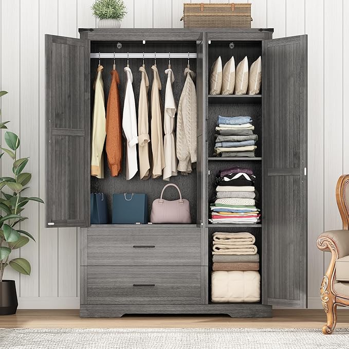 3 Doors Wardrobe Armoire Closet with Doors and Drawers, Farmhouse Wooden Armoire Storage Cabinet with Shelves & Hanging Rod for Bedroom, Grey