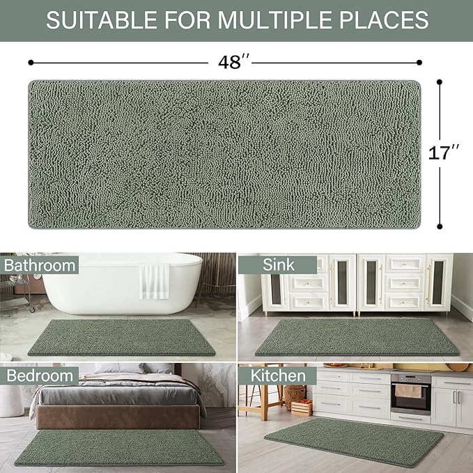 LOCHAS Luxury Bathroom Rug Shaggy Bath Mat 48 x 17 Inch, Washable Non Slip Bath Rugs for Bathroom Shower, Soft Plush Chenille Absorbent Carpets Mats, Sage Green