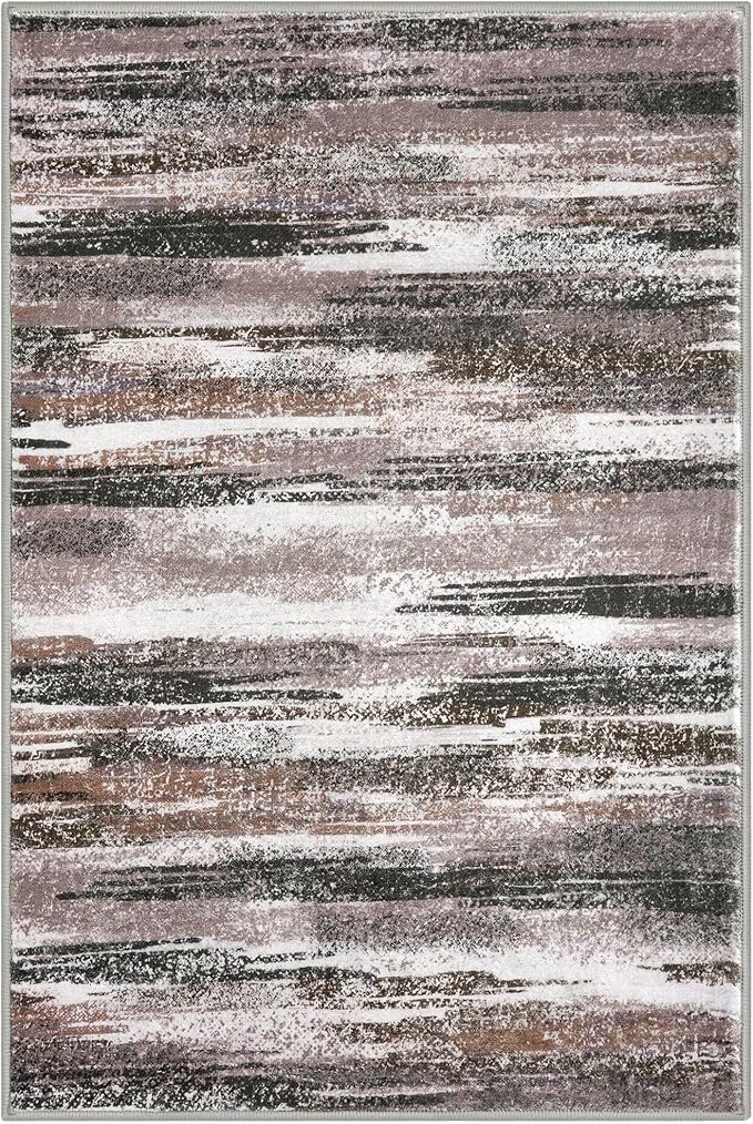 Modern Abstract 6x9 Machine Washable Living Room Rug Non-Slip Soft Bedroom Area Rug Dark Light Brown White Ultra Thin Print Faux Wool Floor Carpet Throw Rugs for Dining Room Indoor Office