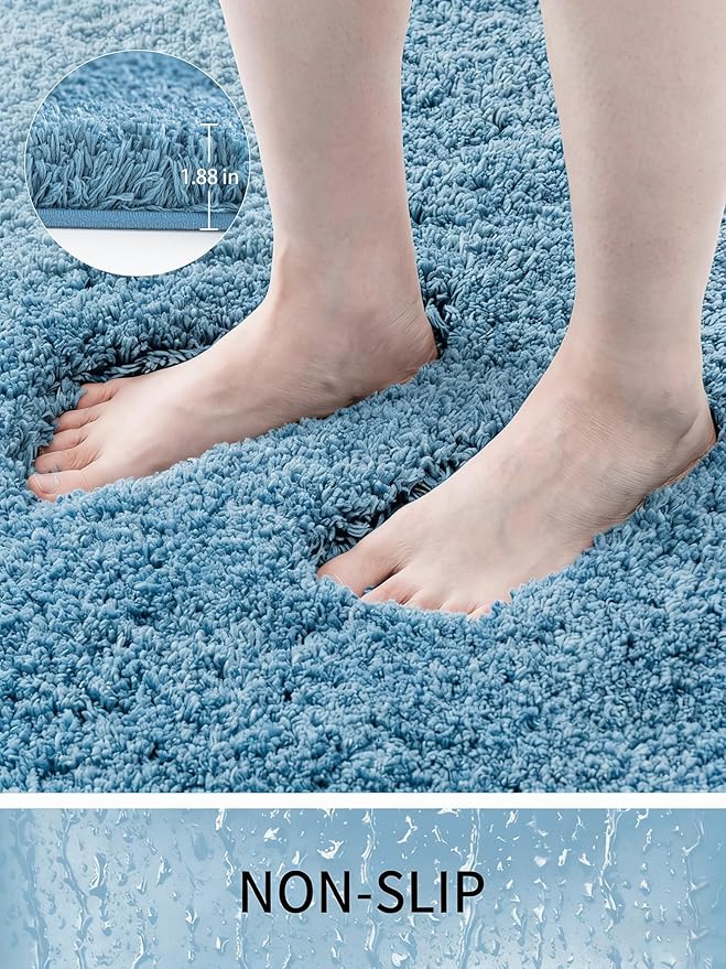 Bathroom Rugs, Ultra Thick Shaggy Soft Microfiber Absorbent Bath Rug, High Density Foam Latex Non Slip Backing, Machine Washable Bath Mats for Bathroom Floor & Sink 24x17, Blue
