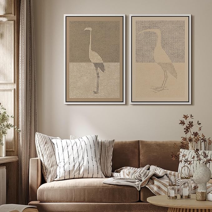 MUDECOR Framed Canvas Print Wall Art Bird Silhouette Modern Minimalist with Heron Crane Illustrations Modern Art Decorative Bohemian Colorful for Living Room, Bedroom, Office - 24"x36"x2 White