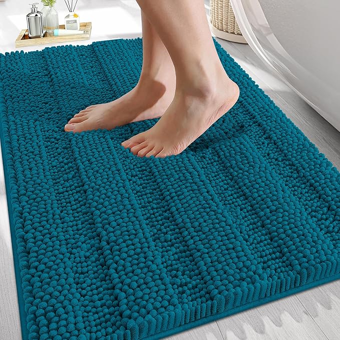OLANLY Thick Bathroom Rugs 30x20, Extra Soft Absorbent Chenille Striped Bath Rugs, Rubber Backing, Machine Wash Dry, Bath Mats for Bathroom Floor, Tub and Shower, Home Decor Accessories, Peacock Blue