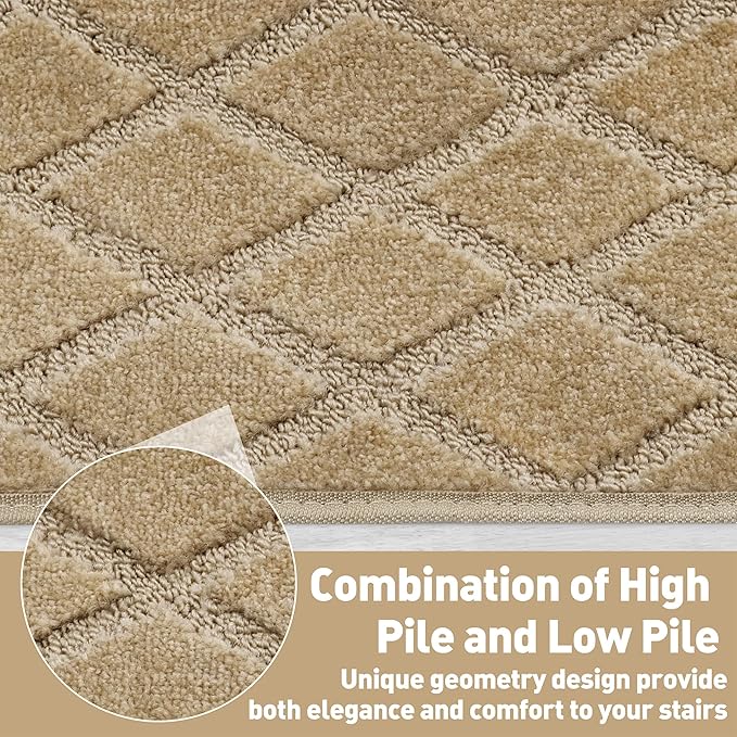 PURE ERA Bullnose Carpet Stair Treads Set Tape Free Non-Slip Indoor Stair Protectors Pet Friendly Rugs 9.5" x 30"(14 Pieces,Khaki Diamond Trellis)