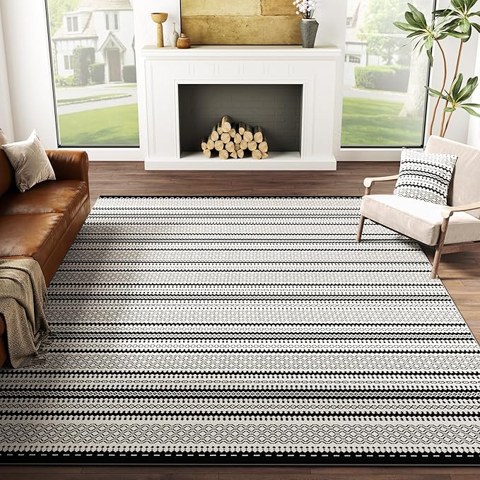jinchan Geometric Honeycomb 8x10 Area Rugs - Moroccan Machine Washable Low-Pile Stain Resistant Modern Ultra-Thin Non-Slip Carpet for Kitchen Living Room Bedroom Dining Room (8x10ft, Black)