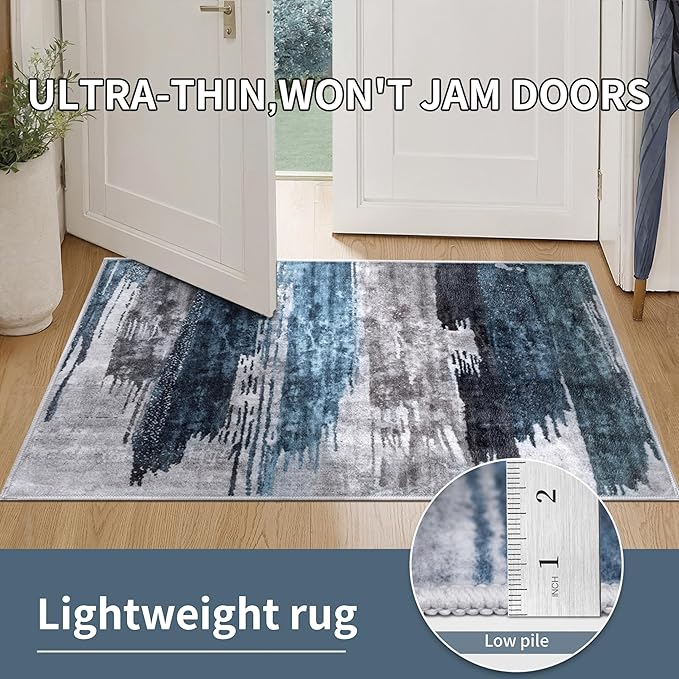 Ciicool 5ft Round Washable Rug, Modern Abstract Circle Rugs, Non-Slip Thin Low-Pile Rug Navy Grey Circular Print Distressed Carpet for Bedroom Living Room Under Dining Table Home Office Decor