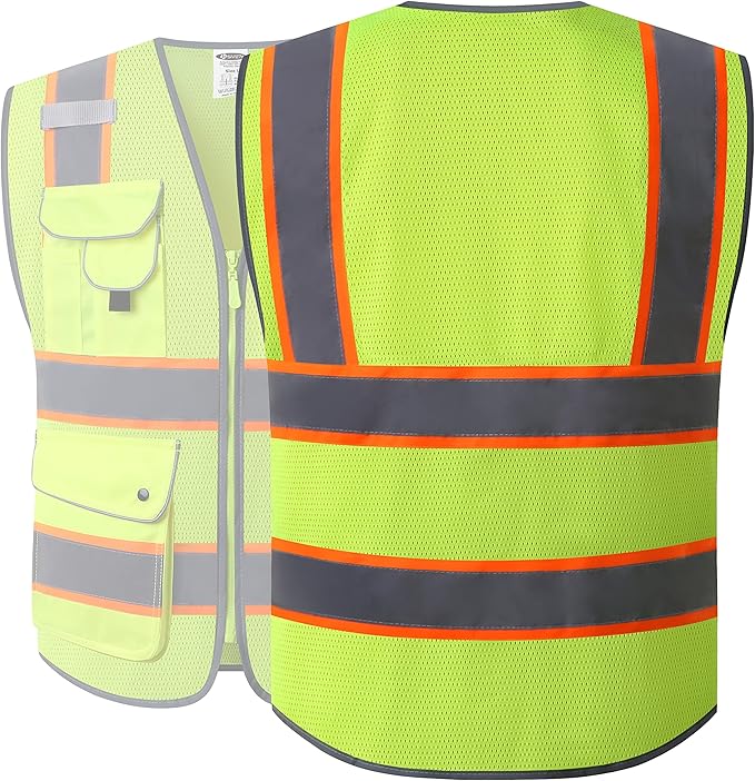 JKSafety 9 Pockets Hi-Vis Neon Yellow Zipper Front MESH Safety Vest with Fluorescent Orange Extend Edge outlining the Reflective Tapes Meet ANSI/ISEA Class 2 Standard (100 Yellow, 3XL)