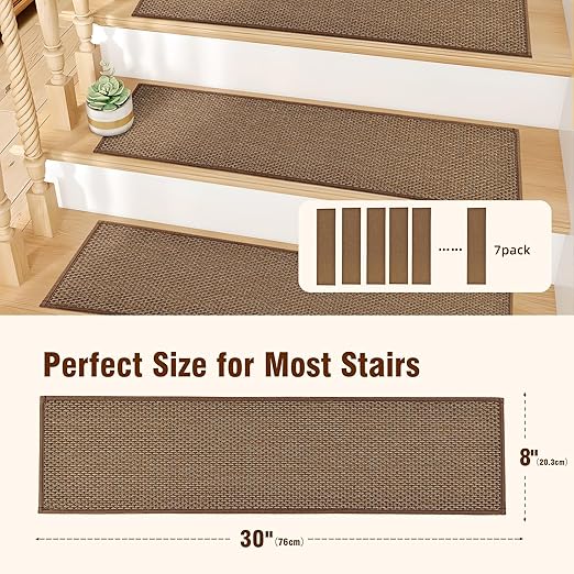 Deerly Carpet Stairs Runner Non Slip 7pcs Breathable Linen Stair Runner for Wooden Steps Peel and Stick Stairs Treads Indoor Absorbent Staircase Covers Mat with Self-Adhesive Backing 8"X30" Brown