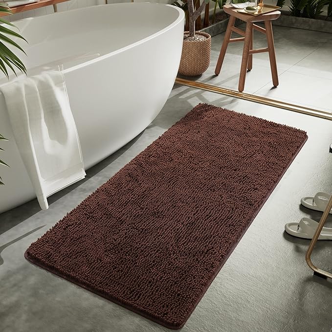 LOCHAS Luxury Bathroom Rug Shaggy Bath Mat 24 x 70 Inch, Washable Non Slip Bath Rugs for Bathroom Shower, Soft Plush Chenille Absorbent Carpets Mats, Brown