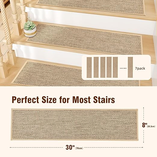 Deerly Carpet Stairs Runner Non Slip 7pcs Breathable Linen Stair Runner for Wooden Steps Peel and Stick Stairs Treads Indoor Absorbent Staircase Covers Mat with Self-Adhesive Backing 8"X30" Beige